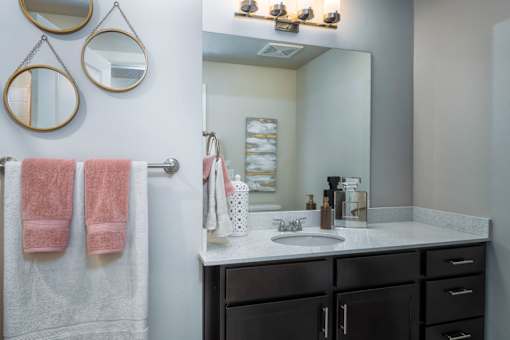 a bathroom with a sink and a mirror and a towel rack