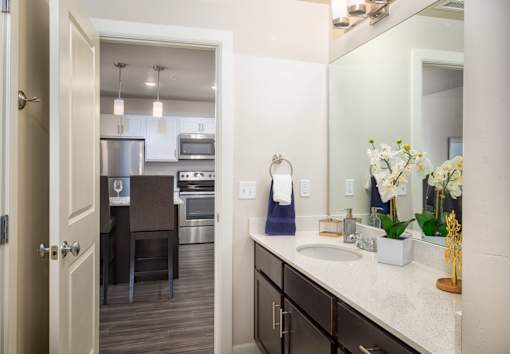 a bathroom with a sink and a mirror