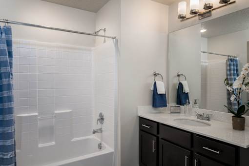 a bathroom with a shower and a sink and a mirror