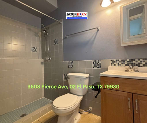 A bathroom with a toilet, sink, and shower.