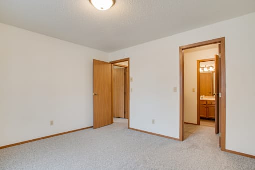 A room with two doors and a carpeted floor.