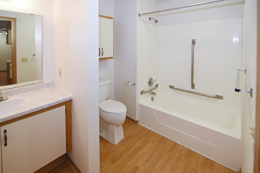 a bathroom with a toilet and a tub and a sink at Aspen Apartments, Wisconsin