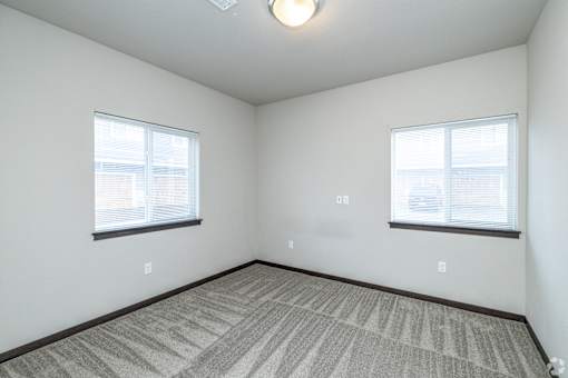 A room with carpeted floor and two windows.