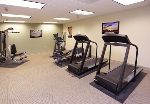 A gym with treadmills, elliptical machines, and other exercise equipment, Kassenborg Apartments, Moorhead, Minnesota
