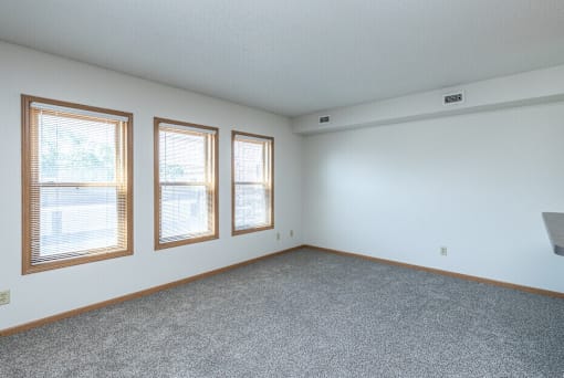 A room with a grey carpet and three windows, Kassenborg Apartments, Moorhead, MN