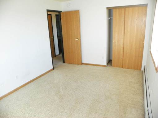 A room with a carpeted floor and two wooden doors.