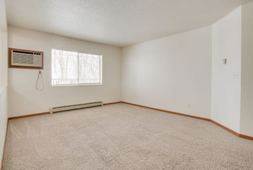 A room with a carpeted floor and a window with blinds.