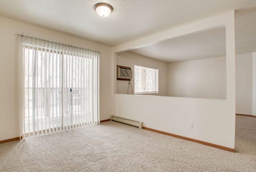 A room with a window covered by white blinds and a carpet on the floor.