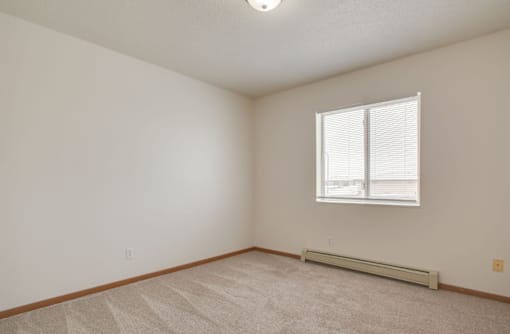 A room with a window and a radiator on the floor.