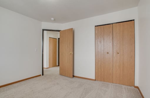 A room with two wooden doors and a carpeted floor.