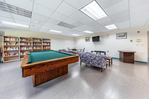 a game room with a pool table and a couch