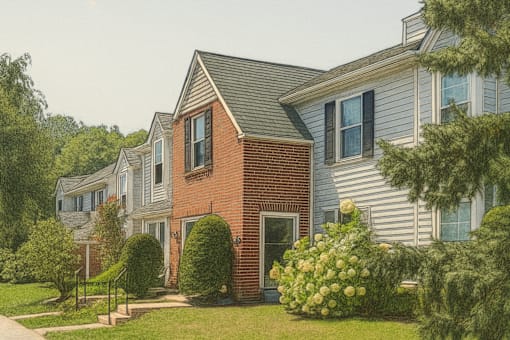 A house with a red brick facade and a grey roof.