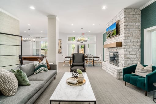 Living Room with Fireplace and Pool Table