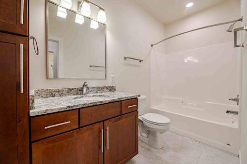 A bathroom with a marble countertop and a walk-in shower.