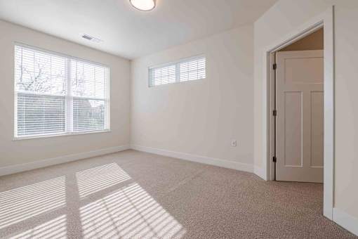 A sunny room with a carpeted floor and a door.