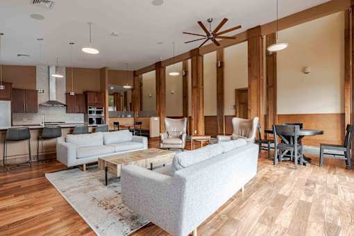 A living room with a grey couch and a wooden floor.