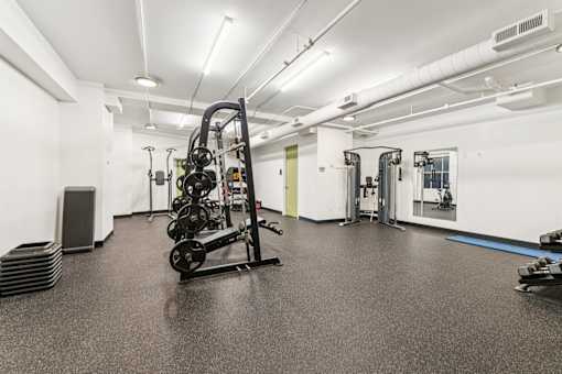 A gym with a variety of equipment including a rowing machine.