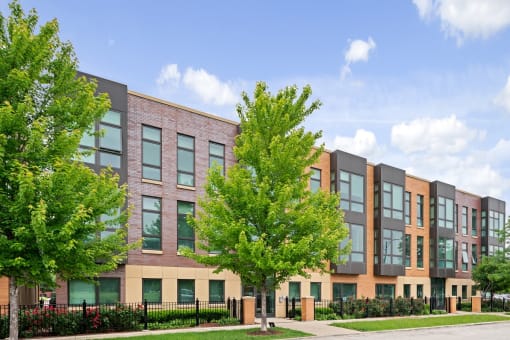 A modern building with a row of windows and trees in front.