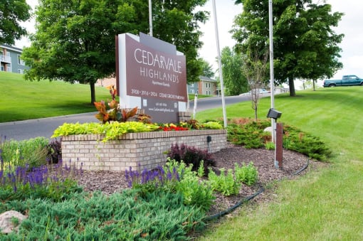 Property Entrance with monument sign surrounded by landscaping located off of Rahn Rd on Cedar Grove Parkway