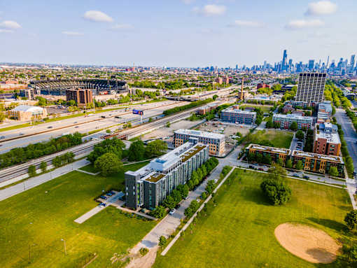 an aerial view of the city from a drone