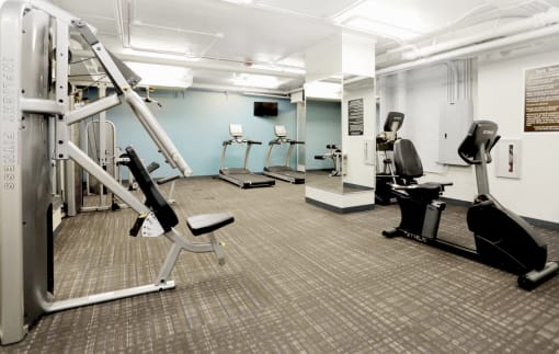Fitness center with cardio and weight lifting machines at Eden Commons, Chicago, 60616