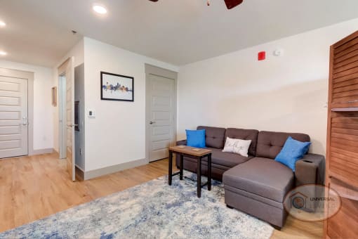 A studio apartment living room area with closet.