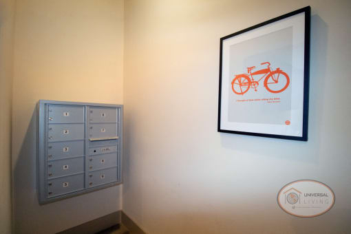 Mail center with photograph of bike.,