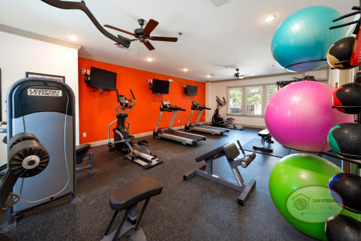 A fitness center with weight training and cardio equipment.