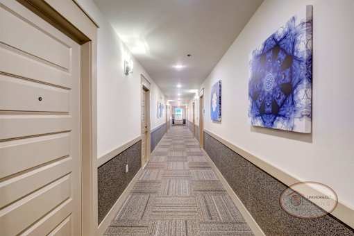 A hallway with blue abstract art leading to apartment homes.