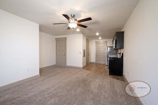 A large living area with carpet and a kitchen with dark cabinets in the background.