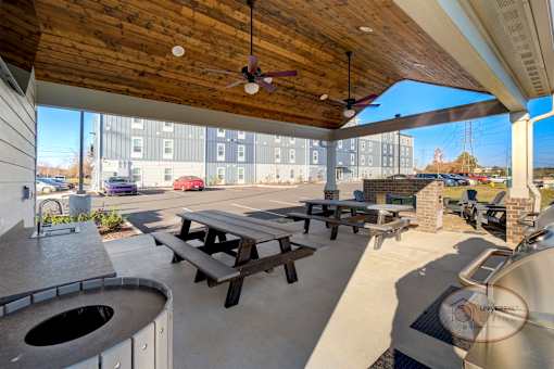 A pavilion with flat screen TV, sink, picnic tables, stainless steel grills, a fireplace, and lounge seating.
