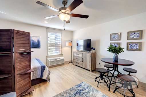 Studio apartment with large window, flat screen TV, white walls, hardwood vinyl flooring, and a ceiling fan.