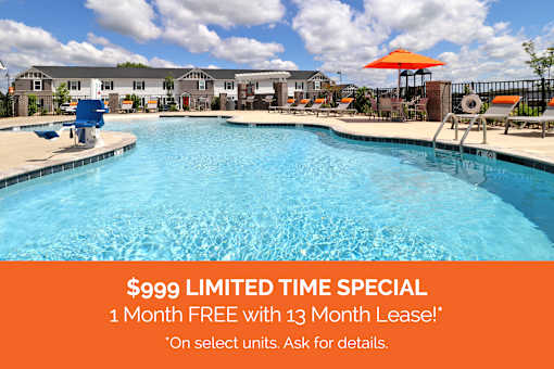 A pool with an orange banner offering a "$999 LIMITED TIME SPECIAL: 1 Month FREE with 13 Month Lease!* *On select units. Ask for details."