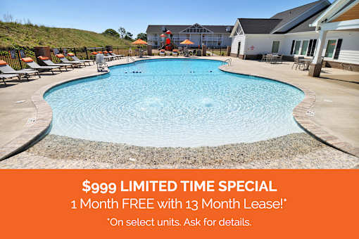 A swimming pool with an orange banner reading "$999 LIMITED TIME SPECIAL: 1 Month FREE with 13 Moth Lease!* *On select units. Ask for details."
