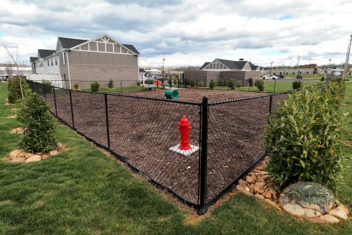 A fenced in dog park with obstacles, a water fountain for pets, and a bench.