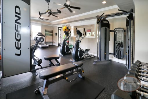 a gym with weights and cardio equipment in a home
