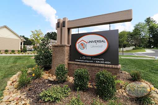 The property sign for Universal at Lakewood with contact information below the logo.