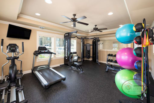 A fitness center with weight training and cardio equipment.