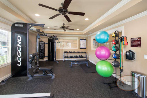 A fitness center with weight training and cardio equipment.