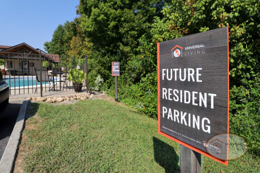 A sign reads "Future Resident Parking" outside of the clubhouse.