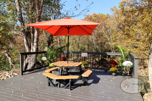 A picnic table on a deck overlooking the river.