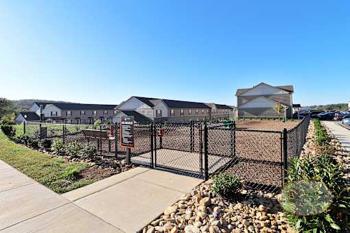 a fenced in dog park with houses in the background