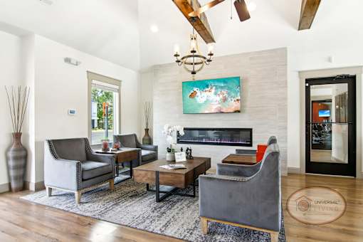 The clubhouse lounge, complete with coffee bar, fireplace, flat screen TV, and lounge area.