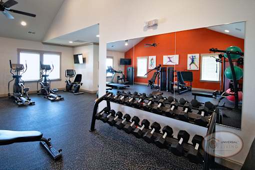 A fitness center with mirror, free weights, and cardio equipment with an orange accent wall.
