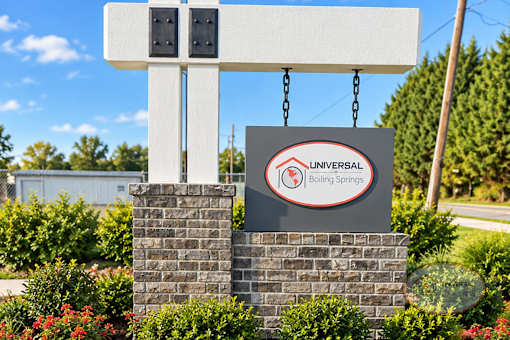 A sign for Universal Boiling Springs is displayed on a brick pillar.