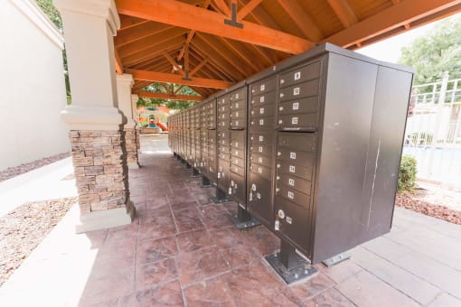 Covered mailbox cluster with numbered compartments at Cantera Apartments, El Paso, TX 79935