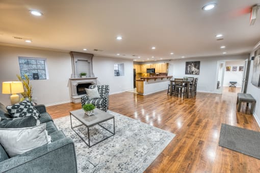 Open concept living area with kitchen and dining space at Le Montreaux Apartments, Texas, 78759