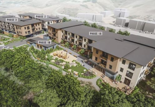 An aerial view of a multi-phase residential development with buildings labeled Phase 1A, Phase 1B, Phase 2, and Phase 3.