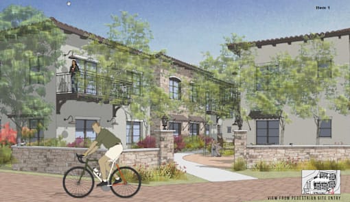 a rendering of a man riding a bike in front of a building