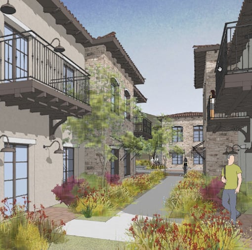 a rendering of a house with a courtyard and a man in a green shirt walking down a